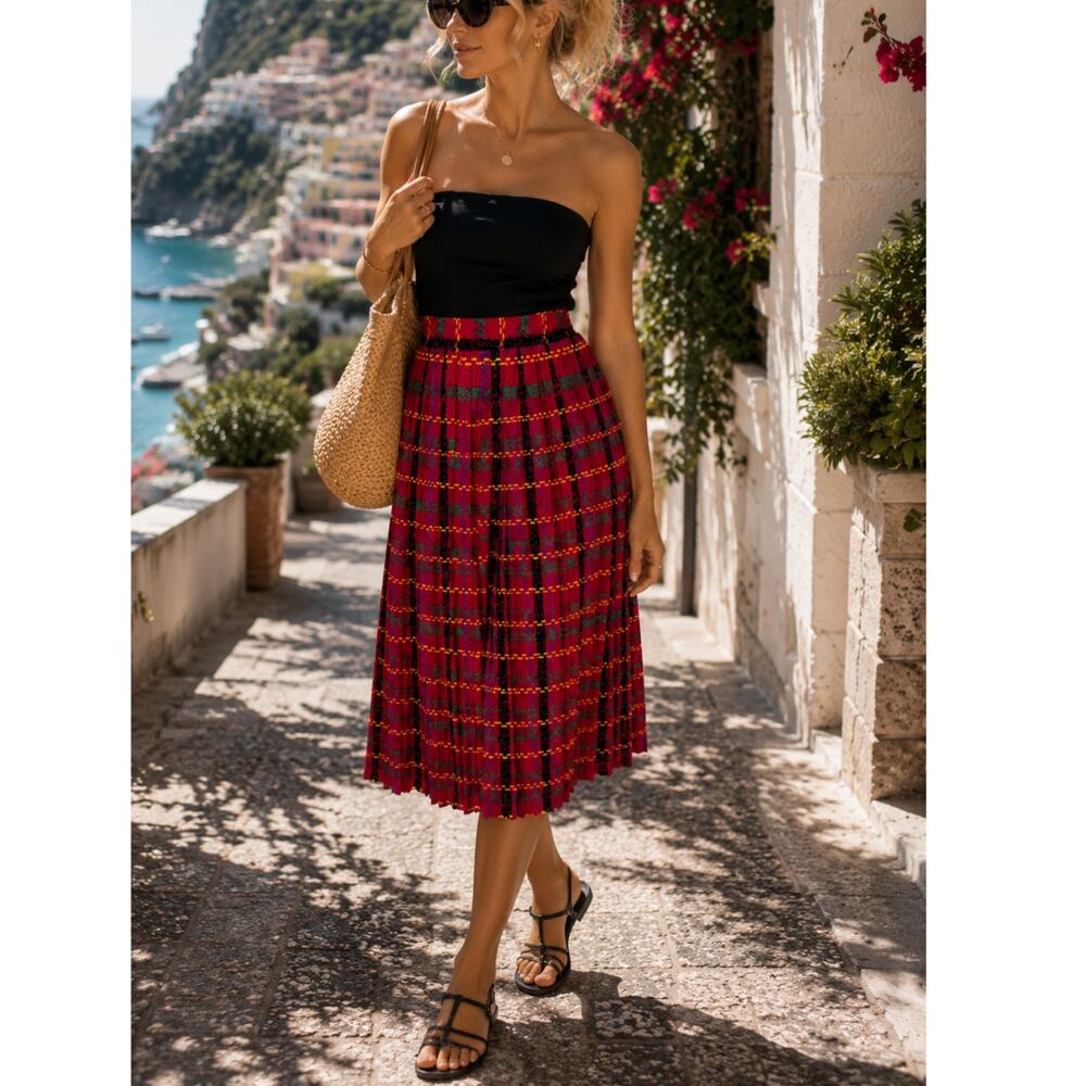 Vintage Andrea Gayle Plaid Pleated Midi Skirt Convertible Mini Dress S M - Picture 5 of 14